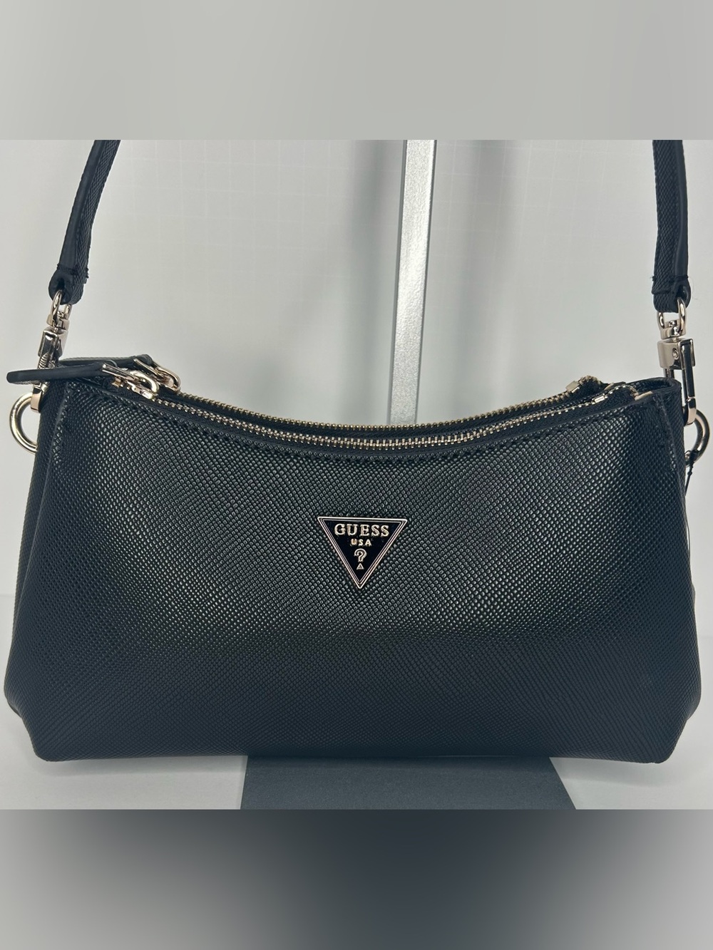 GUESS Noelle Black Textured Bag with Gold Logo, 3 Compartments
